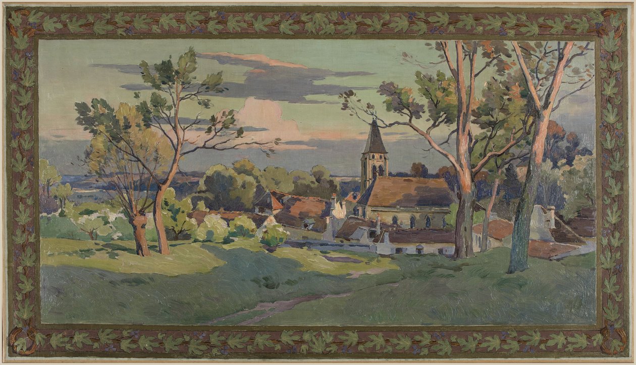 Náčrtek pro Thiaisovu radnici: vesnice s kostelem, kolem roku 1902 (olej na plátně) od Paul Léon Felix (attr. to) Schmitt