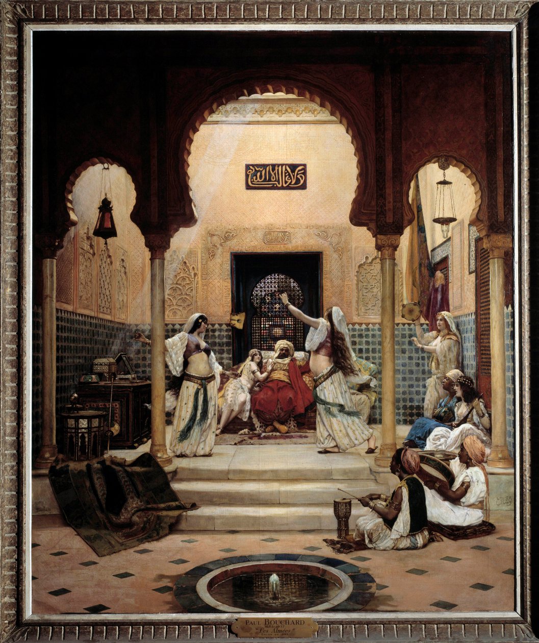 Východní tanečnice (břicho) v harému rozptylující pašu. Obraz Paula Boucharda (1853-1937) 1893 Sun. 1,6x1,3 m Paříž, musee d