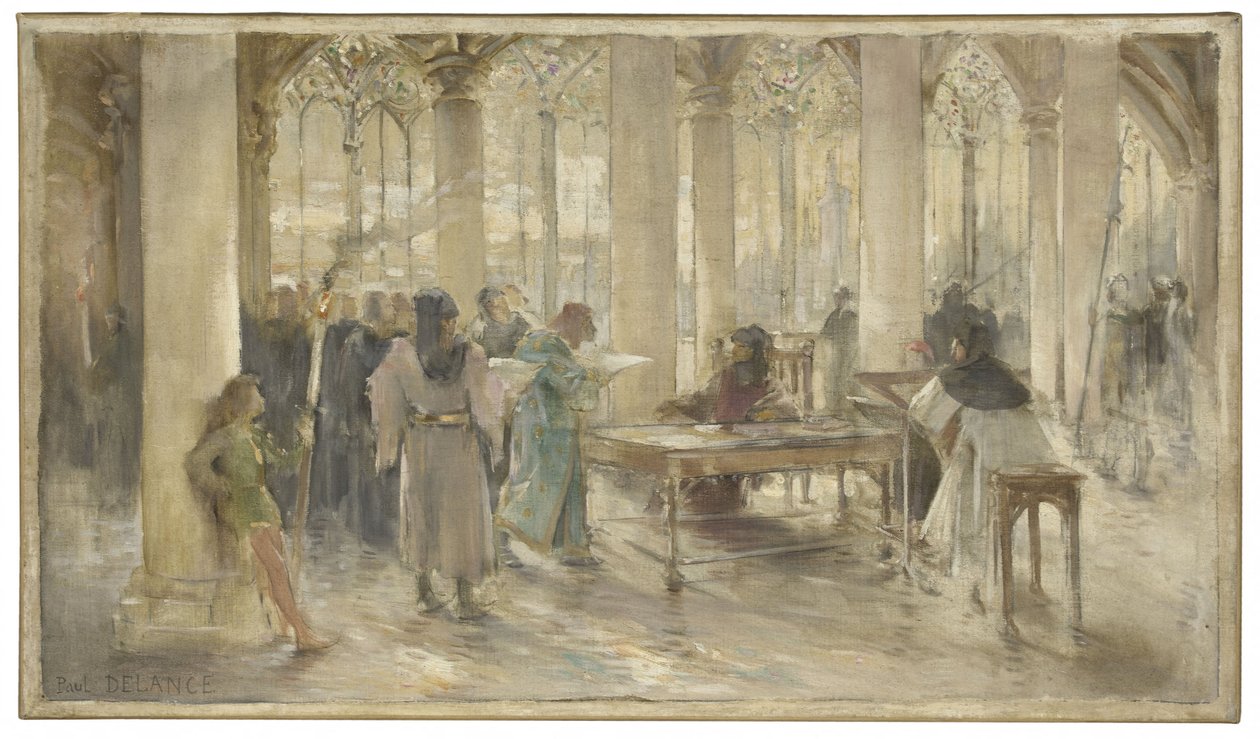 Náčrtek soudní síně pařížského obchodního soudu: Le livre des métiers, kolem roku 1891 (tužka, olej na plátně) od Paul Louis Delance