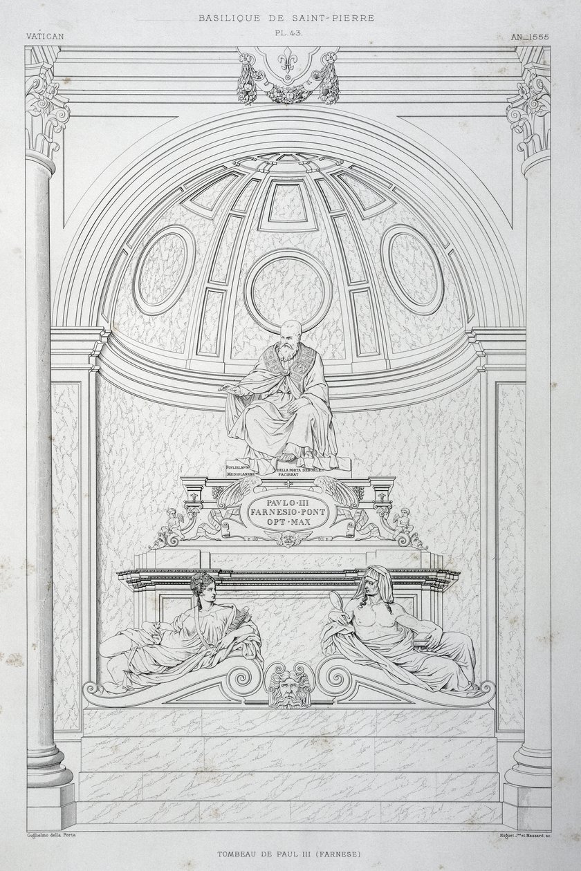 Pohřební pomník papeže Pavla III. (Farnese), rytina z Vatikánu a baziliky svatého Petra od Paul Marie Letarouilly