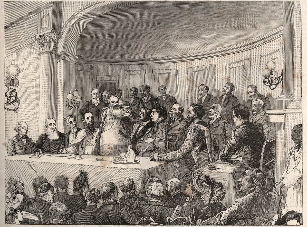 Anti-Slavery Congress konaný v Paříži ve dnech 21., 22. a 23. září 1890 v Geography Society za přítomnosti Julese Simona, Emile Kellera a Monseigneura Lavigerie. Rytina podle kresby Paula Merwarta v „The Illustrous World“ z roku 1890. od Paul Merwart