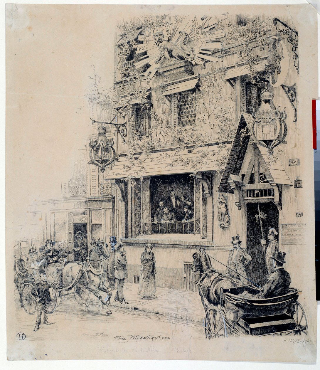 Pohled na vchod do Cabaret du Chat Noir. Kresba tuší od Paula Merwarta (1855-1902) Paříž 19. století, Musee Carnavalet od Paul Merwart