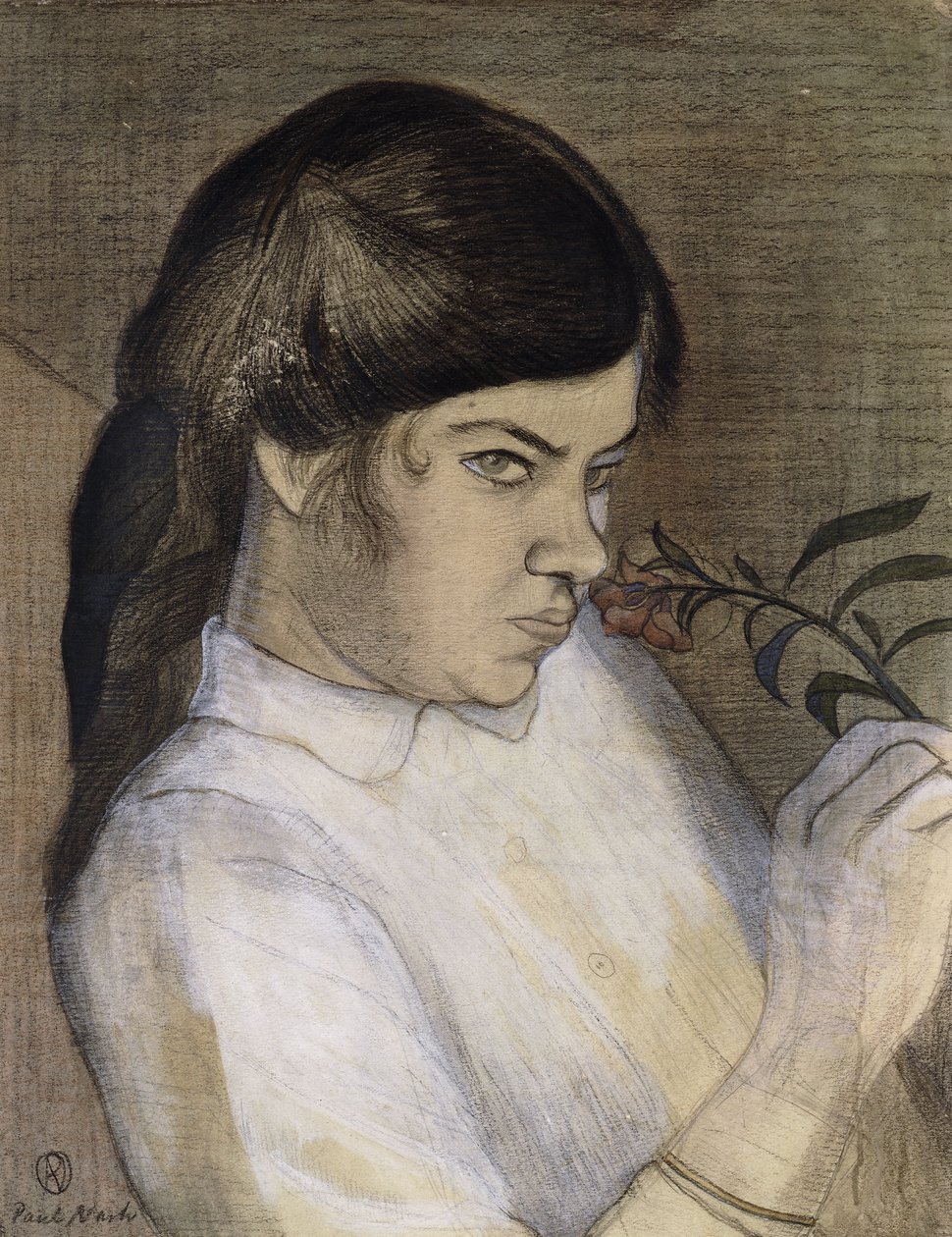 Portrét Barbary Nashové, umělcovy sestry, kolem 1911-12 (tužka, černá a barevná pastelka, akvarel a tělová barva) od Paul Nash