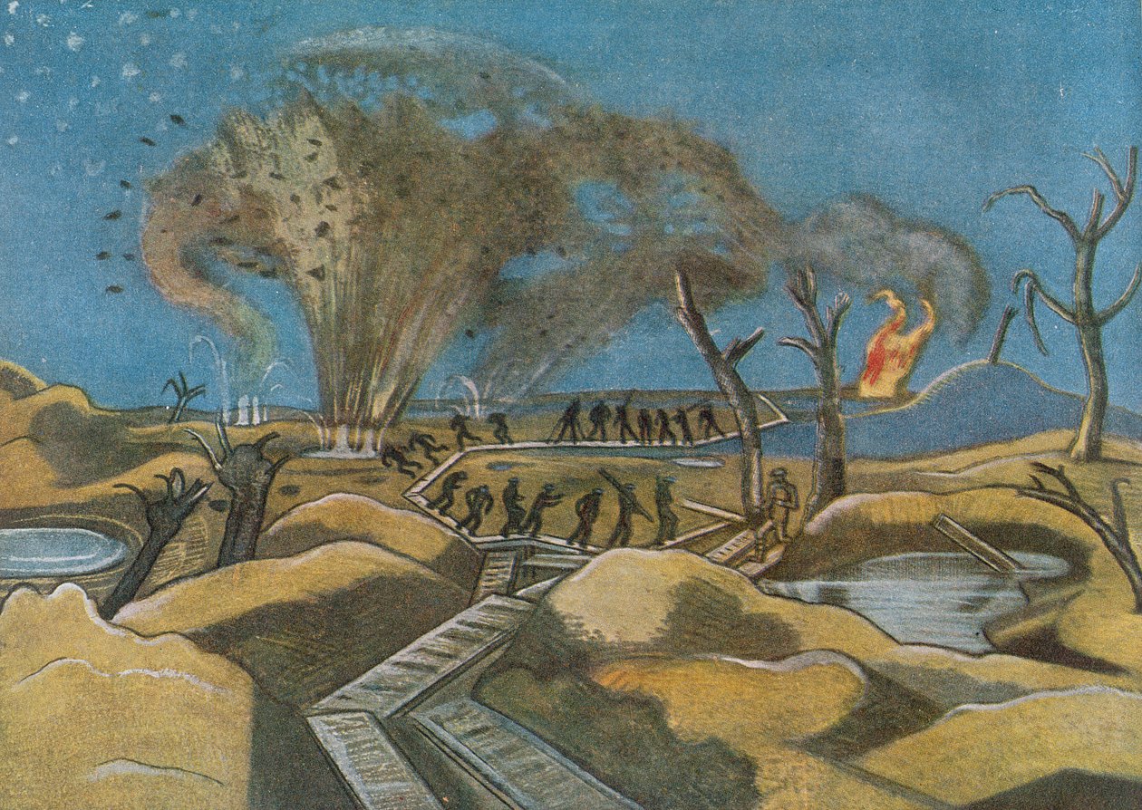 Shelling the Duckboards, od britských umělců na frontě, pokračování západní fronty od Paul Nash
