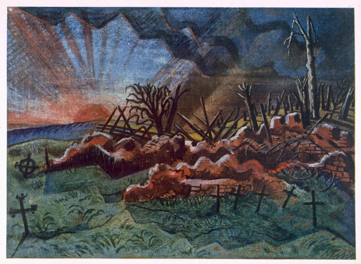 Sunrise, Ruins of a Hospice, severozápadně od Wytschaete, zničené bombardováním v roce 1917, od britských umělců na frontě, Pokračování Západní fronty, část třetí, Paul Nash od Paul Nash