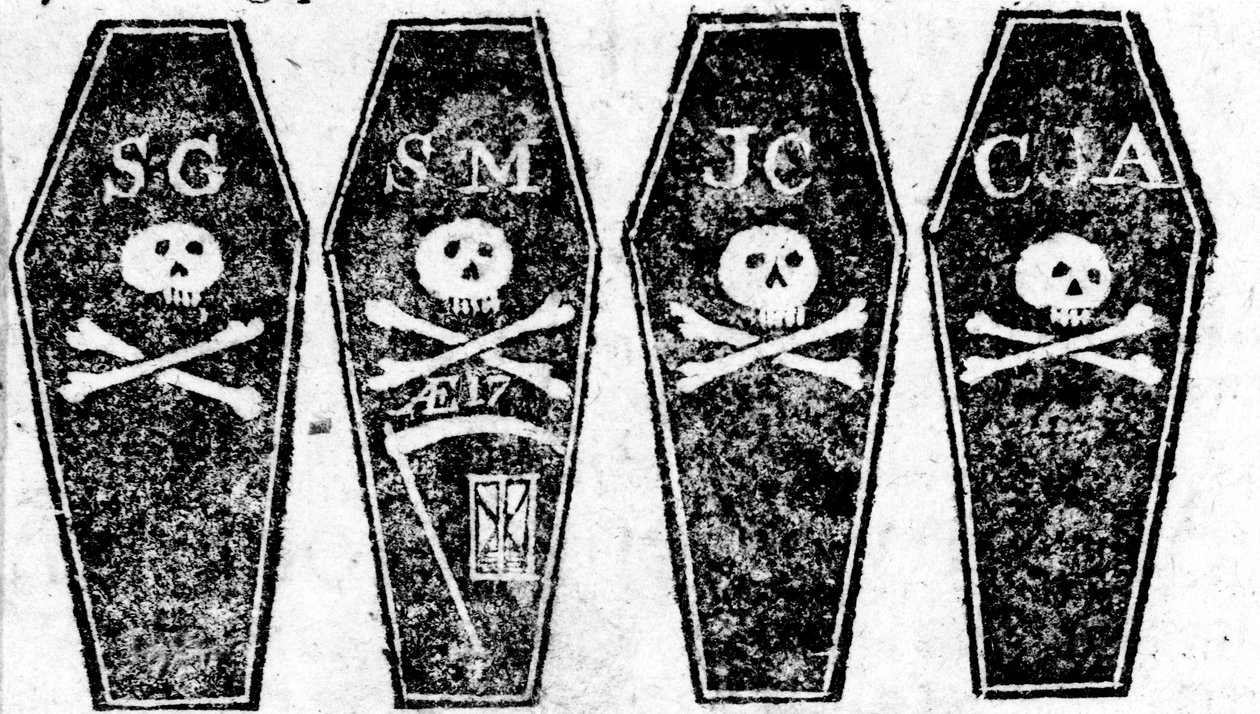 Kresba čtyř rakví z bostonského masakru, vytištěná v Boston Gazette, 12. března 1770 od Paul Revere