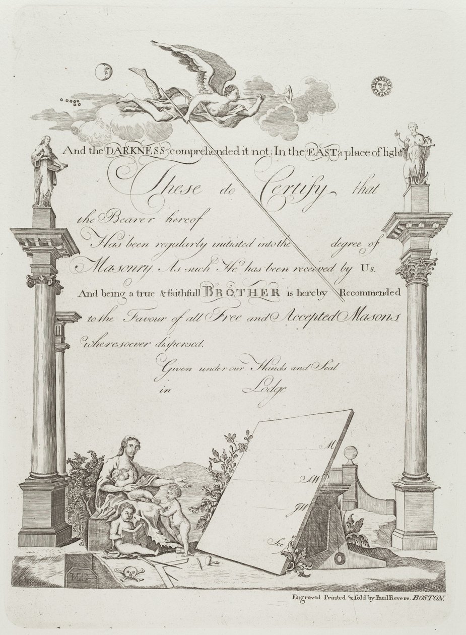 Zednářský certifikát od Paul Revere
