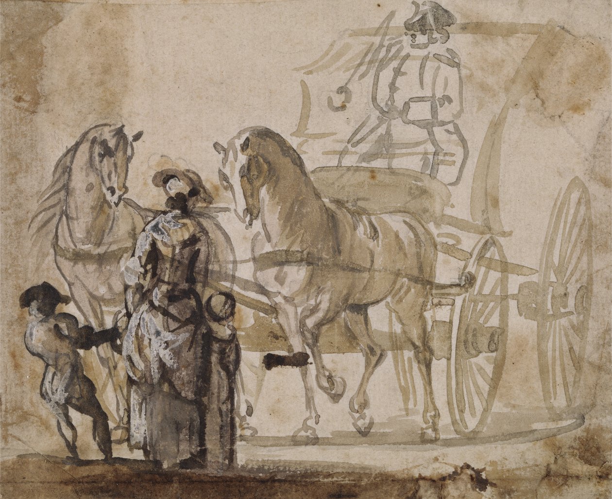 A Carriage and Pair, with Coachman (šedá a hnědá barva zvýrazněná bílou na papíře) od Paul Sandby