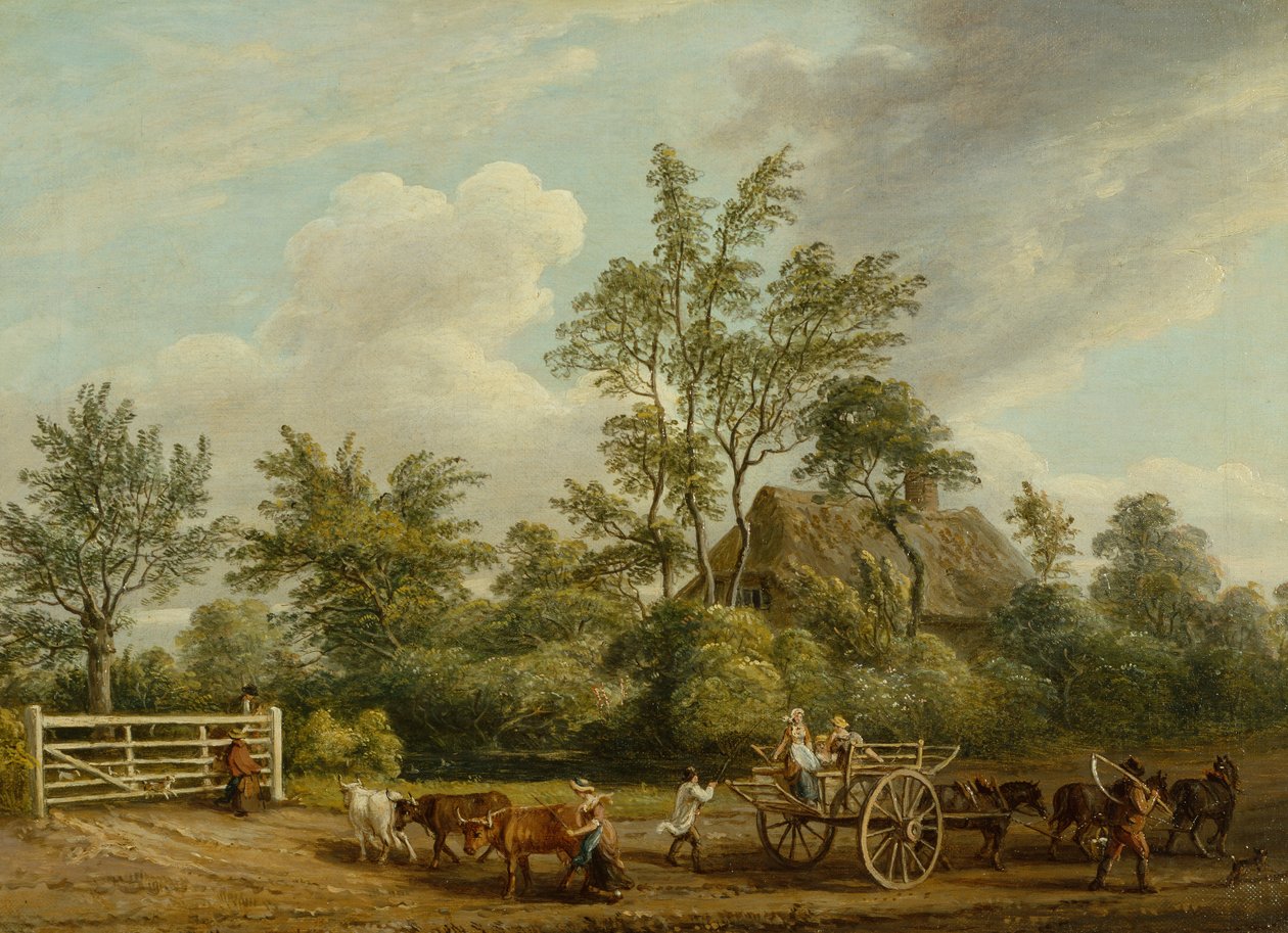 Vozík na seno s farmářskými dělníky a dobytkem poblíž Easton Park, Suffolk (olej na plátně) od Paul Sandby