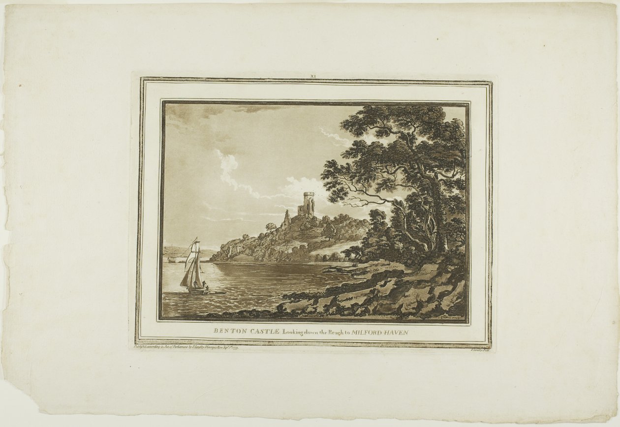 Hrad Benton Pohled dolů po Reachu na Milford Haven z dvanácti pohledů v Aquatintě z kreseb pořízených na místě v jižním Walesu od Paul Sandby