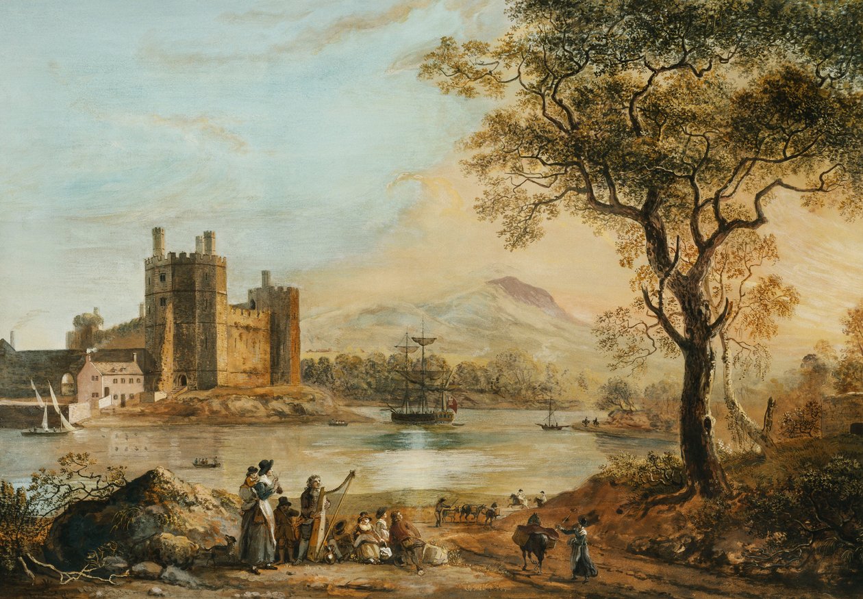 Hrad Caernarvon s Harperem v popředí, od Paul Sandby