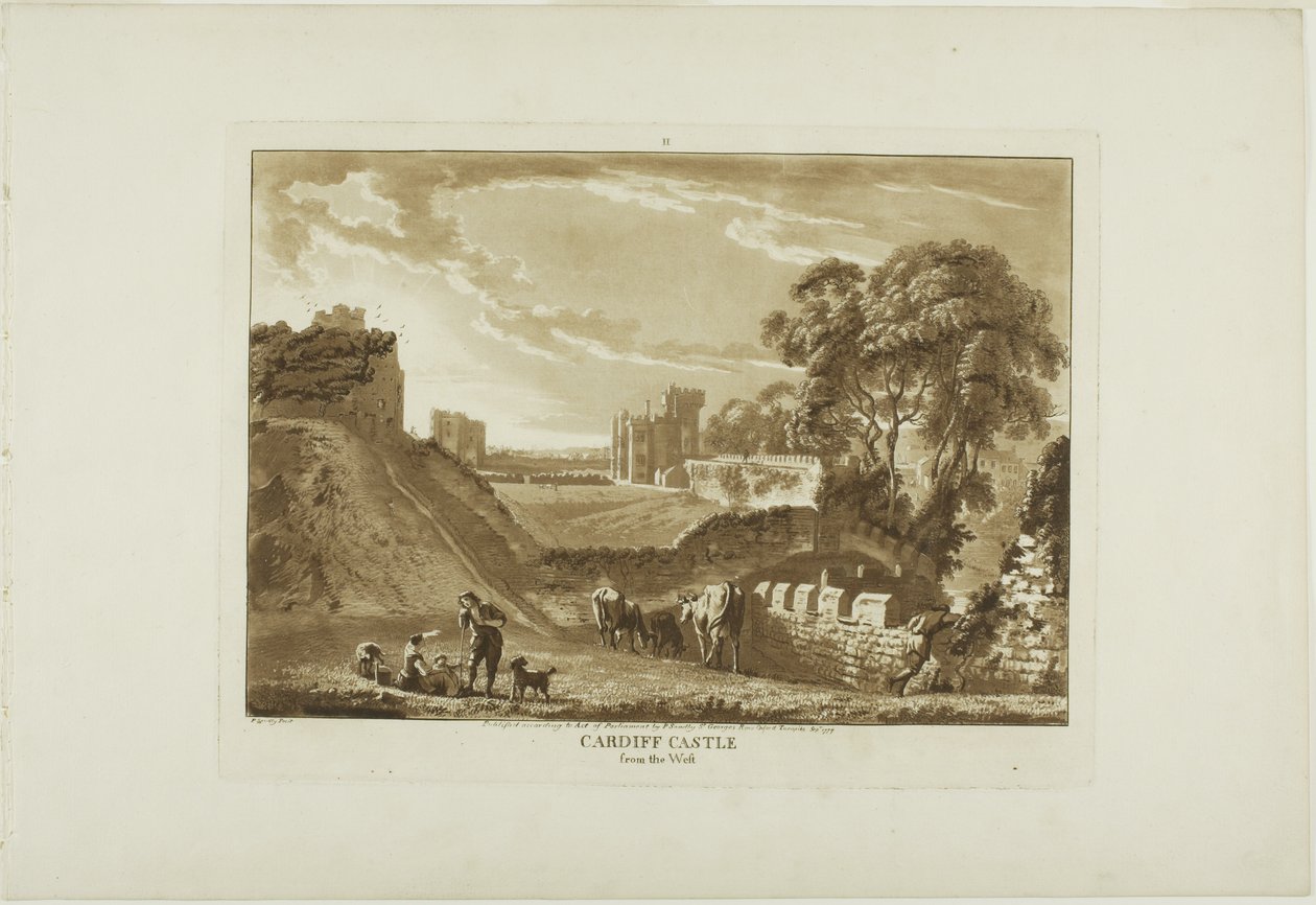 Cardiffský hrad od západu, druhá deska z knihy Dvanáct pohledů na Wales od Paul Sandby