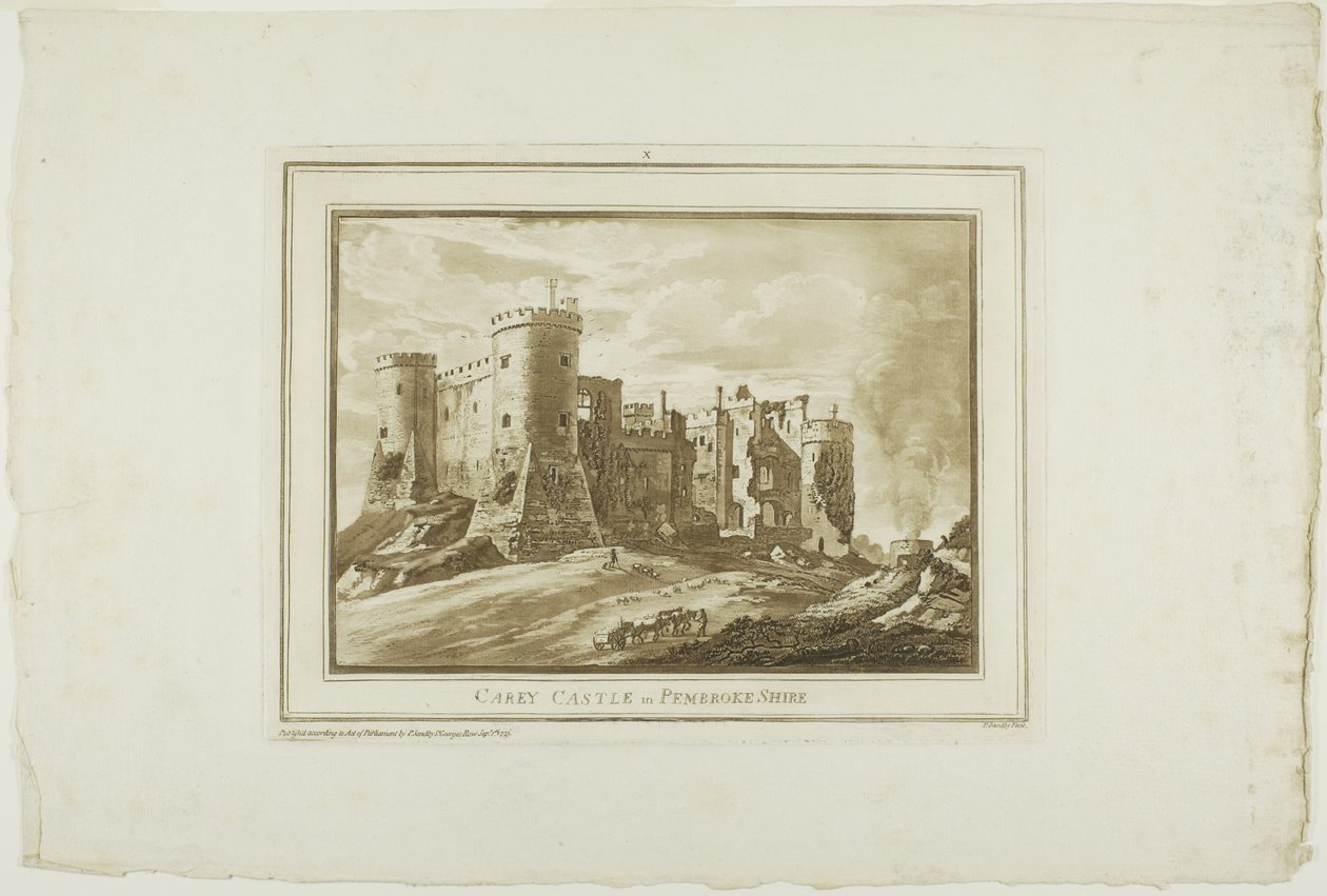 Hrad Carey v Pembroke Shire, z dvanácti pohledů v Aquatintě z kreseb pořízených na místě v jižním Walesu od Paul Sandby