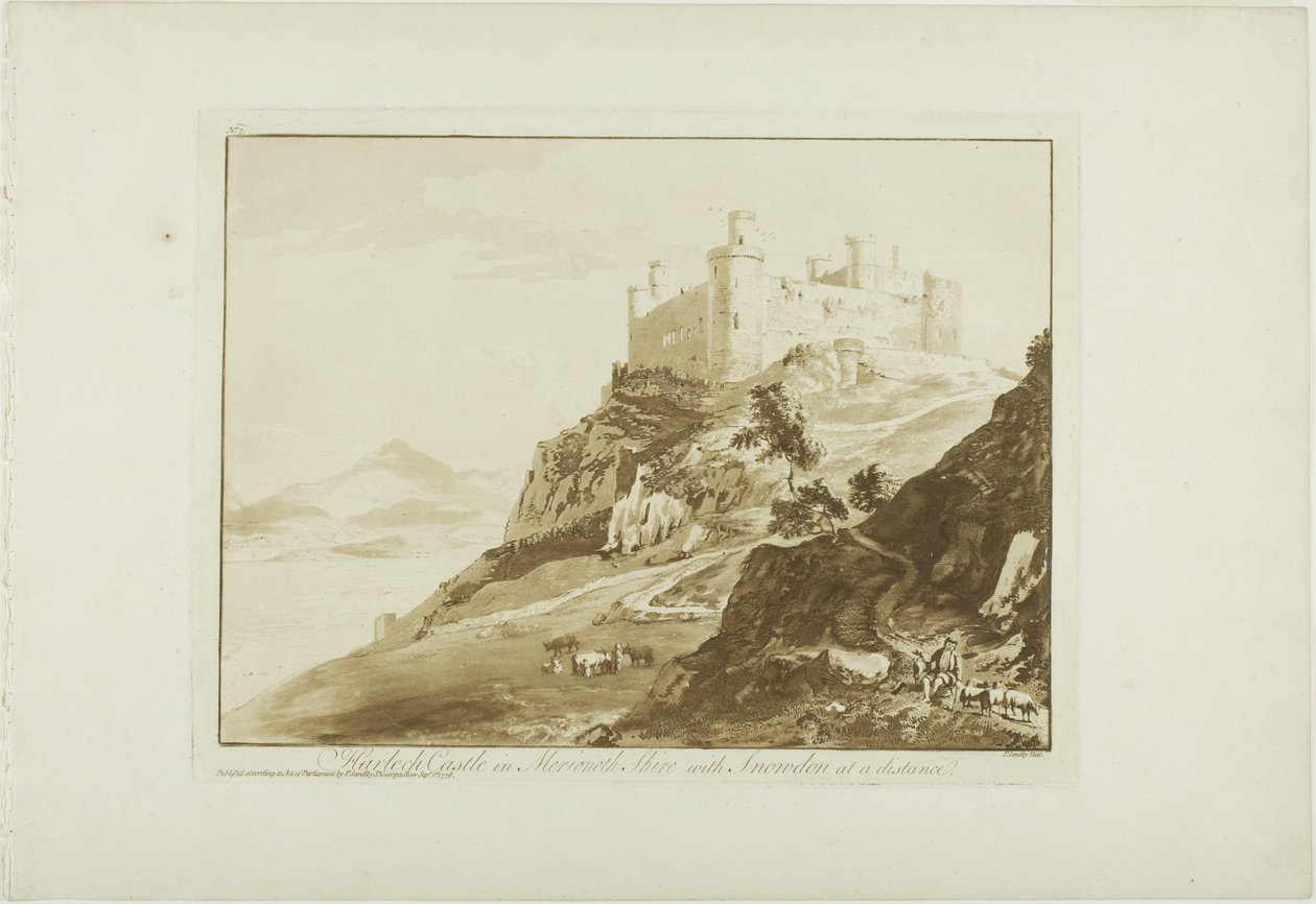 Hrad Harlech v hrabství Merioneth se Snowdonem na dálku od Paul Sandby
