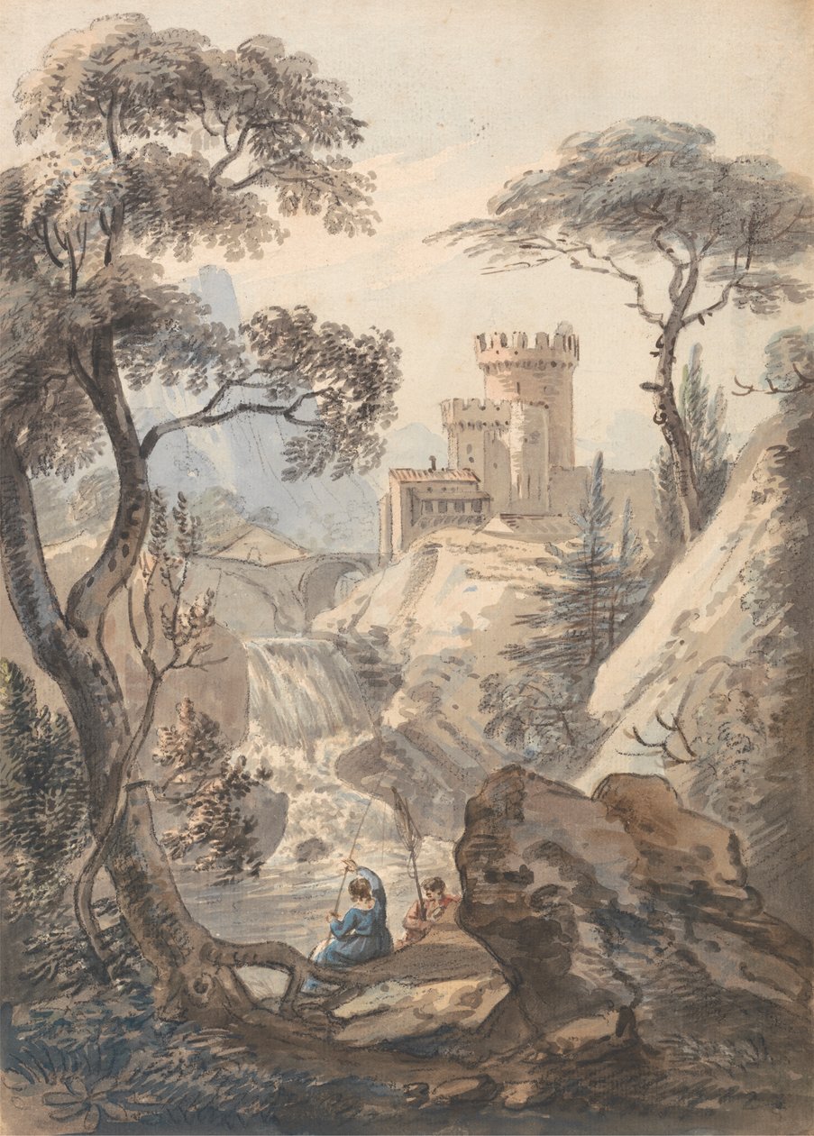 Italská krajina s hradem, kaskádou a rybáři od Paul Sandby