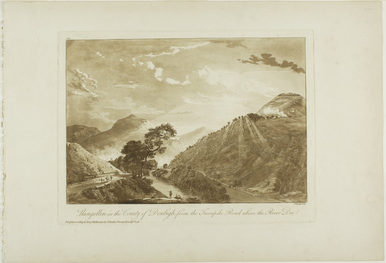 Llangollen v hrabství Denbigh, z Turnpike Road nad řekou Dee od Paul Sandby