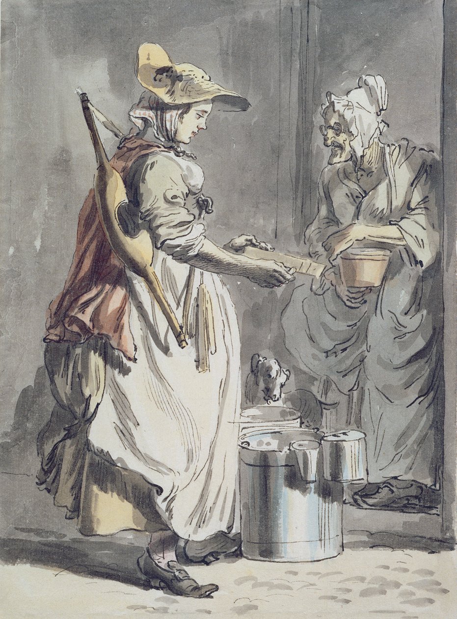 London Cries: A Milkmaid, cca 1759 (pero a inkoustový štětec, akvarel a grafit na papíře) od Paul Sandby