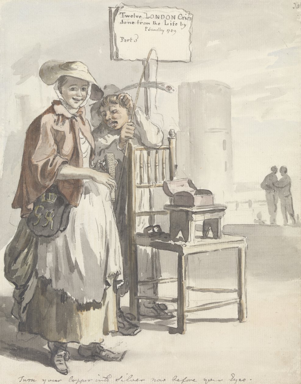 London Cries: „Proměňte svou měď ve stříbro hned před vašima očima“ (pero, štětec a inkoust, akvarel a grafit na papíře) od Paul Sandby