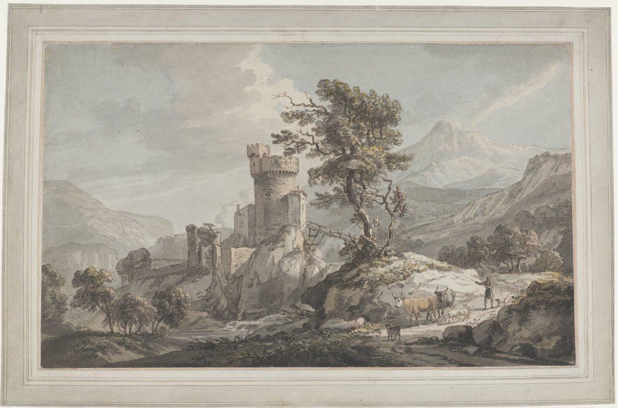 Mountainous Landscape with a Fortress Berglandschap met ruïne, een hoge boom en herder met vee   1389968   cs       czech Successfully Translated  Original: Vision, scene de Visby (ile de Gotland) - Vision. Scene from Visby, by Bergh, Richard (1858-1919).  od Paul Sandby