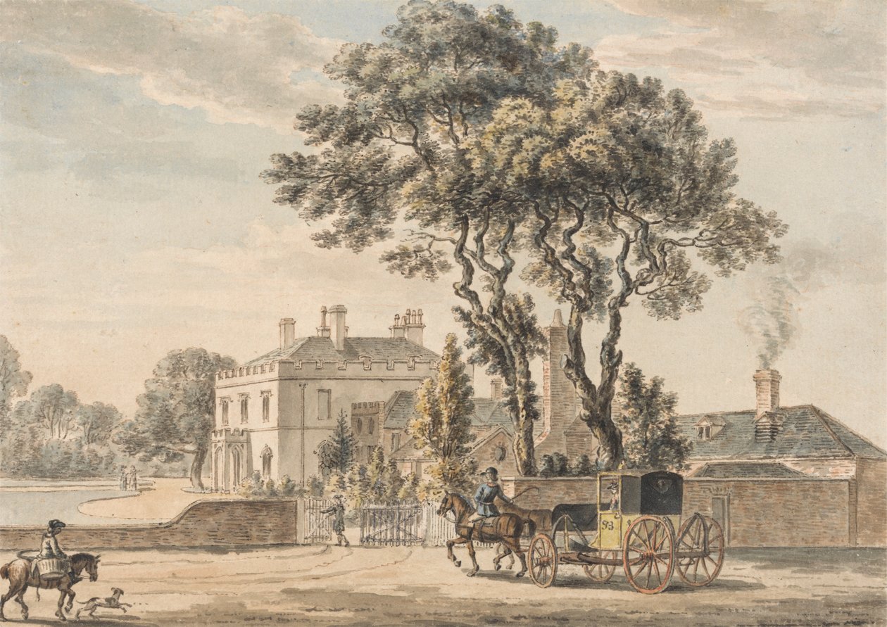 Severovýchodní pohled na dům sira Johna Elvila na Englefield Green poblíž Egham v Surrey od Paul Sandby