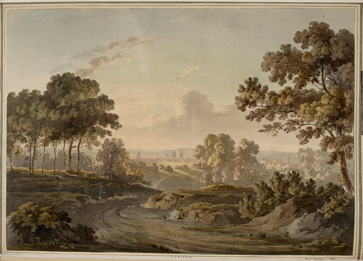 Oxford [grafika]. Pastýř pasoucí ovce na cestě směrem k Oxfordu, který je vidět na obzoru osvětleném záři západu slunce. od Paul Sandby