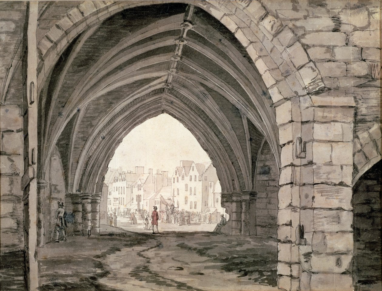 Část opatství Holyrood s výhledem na Canongate (pero a inkoust s mytím) od Paul Sandby
