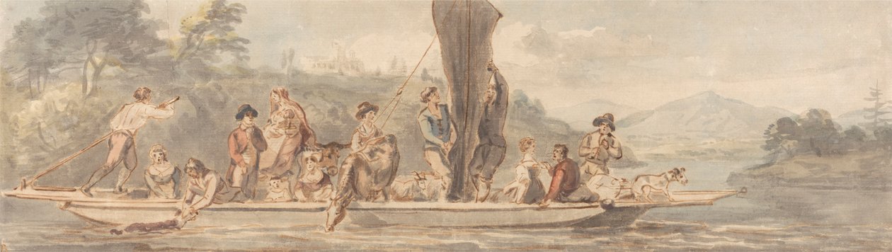 Říční trajekt s mnoha cestujícími a zvířaty od Paul Sandby