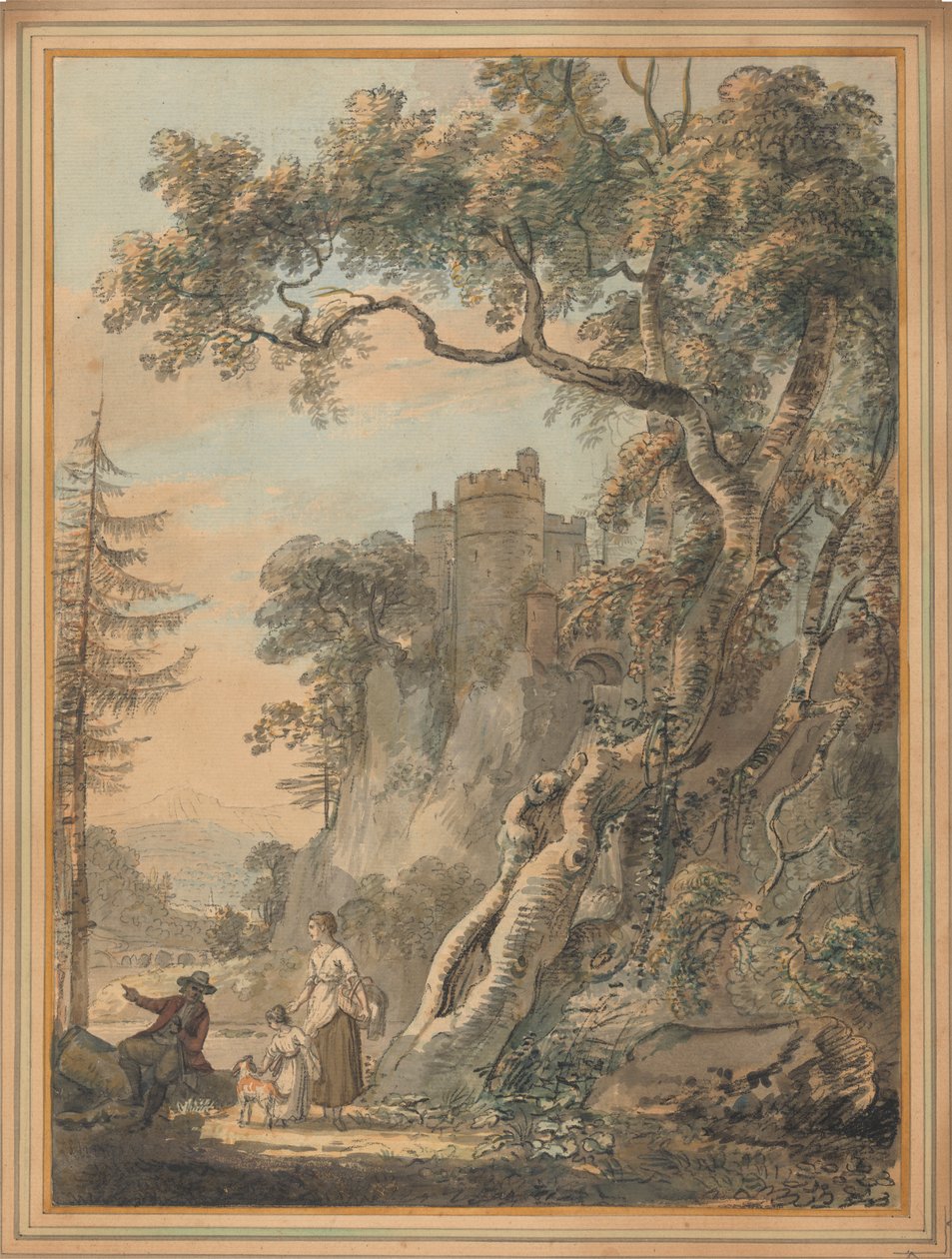 Romantická krajina - rolníci na úpatí hradu na útesu od Paul Sandby