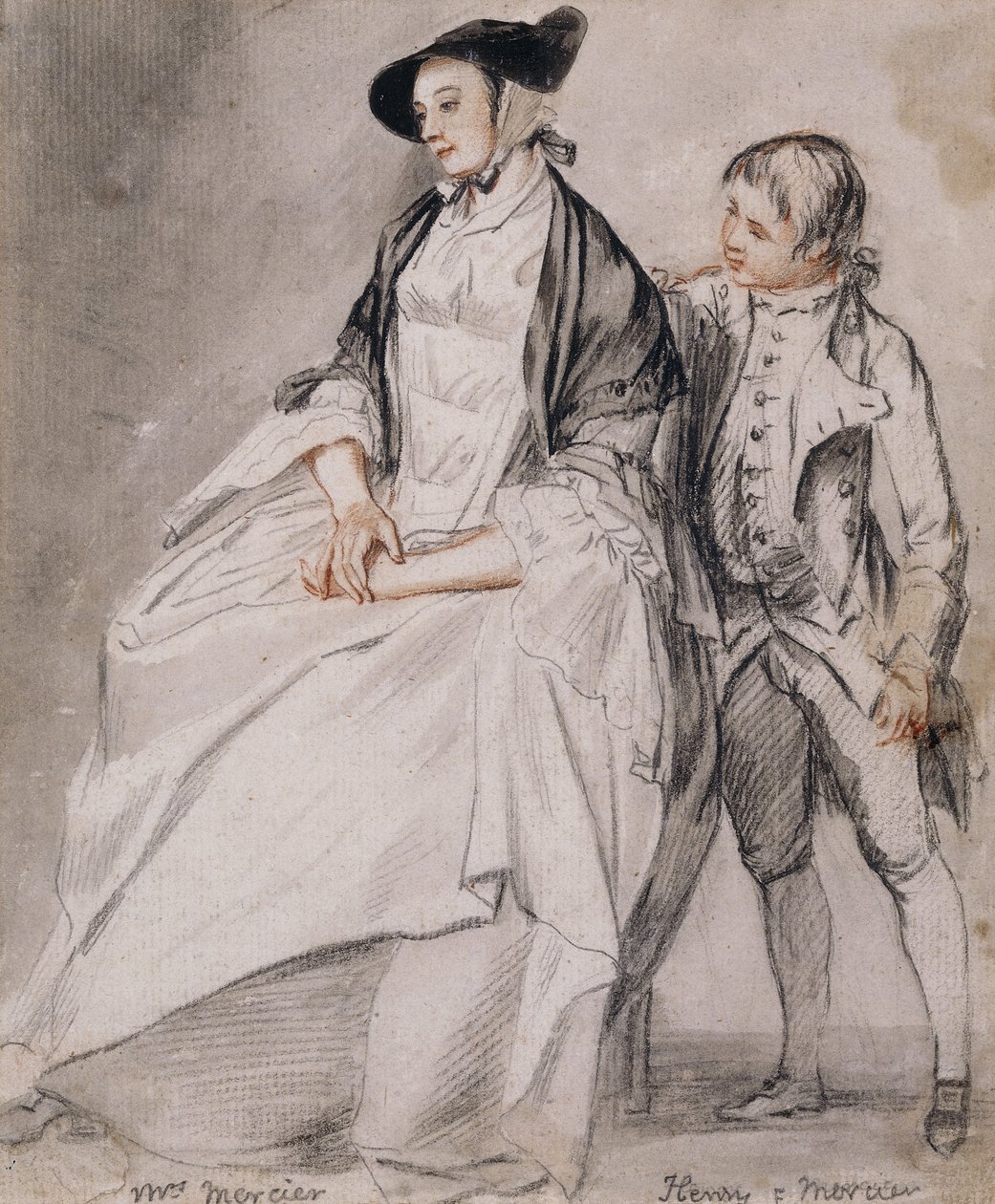 Studie paní Mercierové sedící na židli a jejího nejmladšího syna Henryho Merciera stojícího za ní, od Paul Sandby