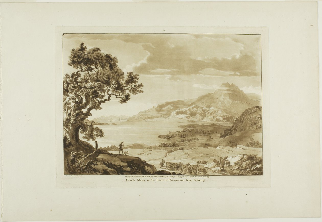 Traeth Mawr na cestě do Caernarvanu z Fistiniogu, šestá deska z knihy Dvanáct pohledů na Wales od Paul Sandby