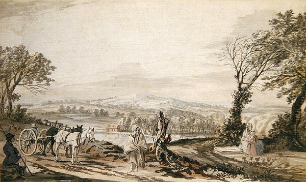 Poutníci odpočívající u cesty nad údolím řeky (tužka, tuš, inkoust a akvarel na papíře) od Paul Sandby