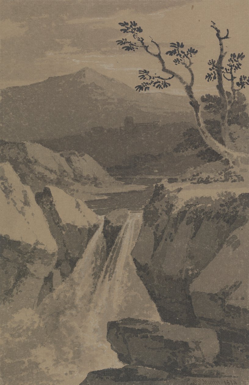 Vodopád a vzdálené hory od Paul Sandby Munn