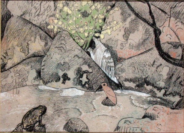 Krajina s ptákem a ropucha (uhl a pastel na papíře) od Paul Sérusier