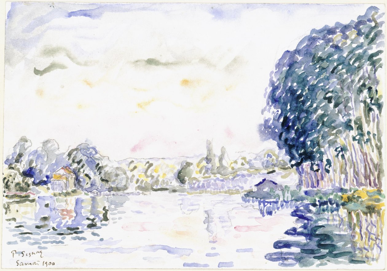 Říční krajina s domkem a stromy od Paul Signac