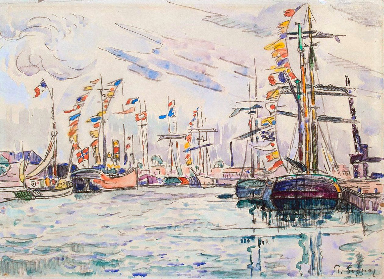 Plachetnice s prázdninovými vlajkami na molu v Saint-Malo, 20. léta 20. století. od Paul Signac