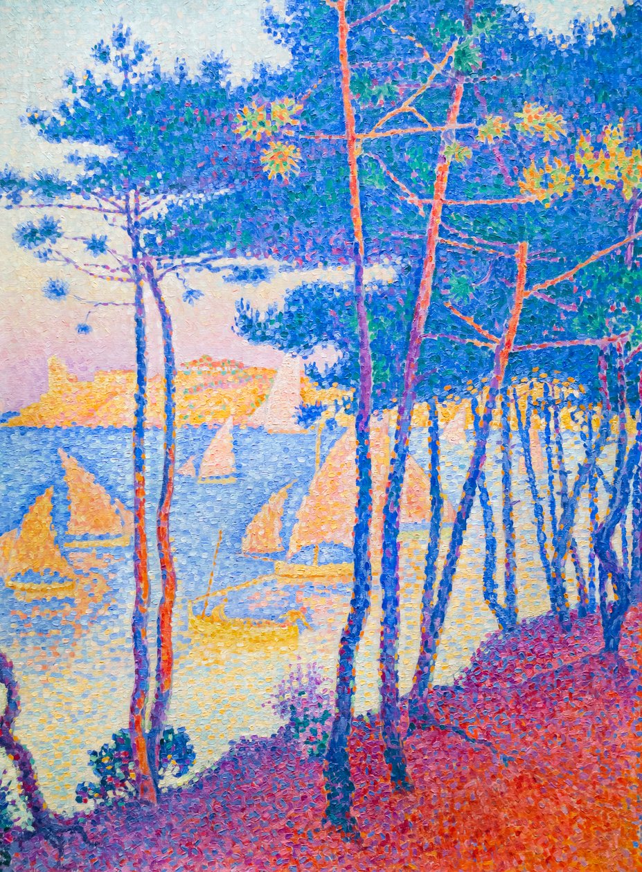 plachetnice a borovice, c. 1896 (olej na plátně) od Paul Signac