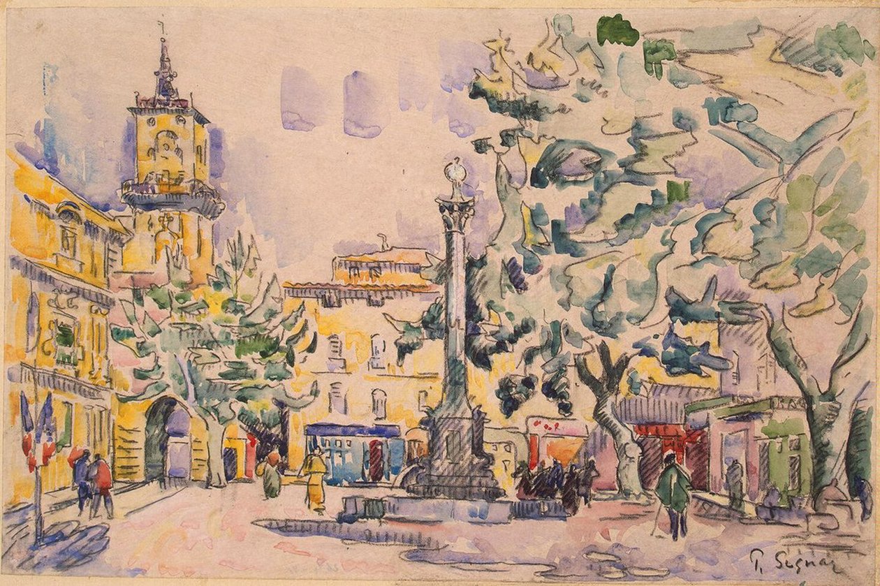 Náměstí Hotel de Ville v Aix-en-Provence (pero a inkoust s akvarelem a kvašem na papíře) od Paul Signac
