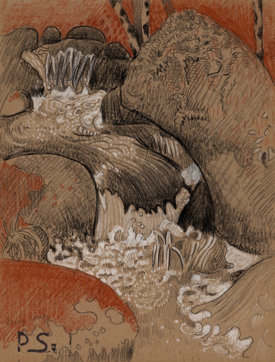Skály Huelgoat, asi 1892 (uhel, červená a bílá křída) od Paul Sérusier