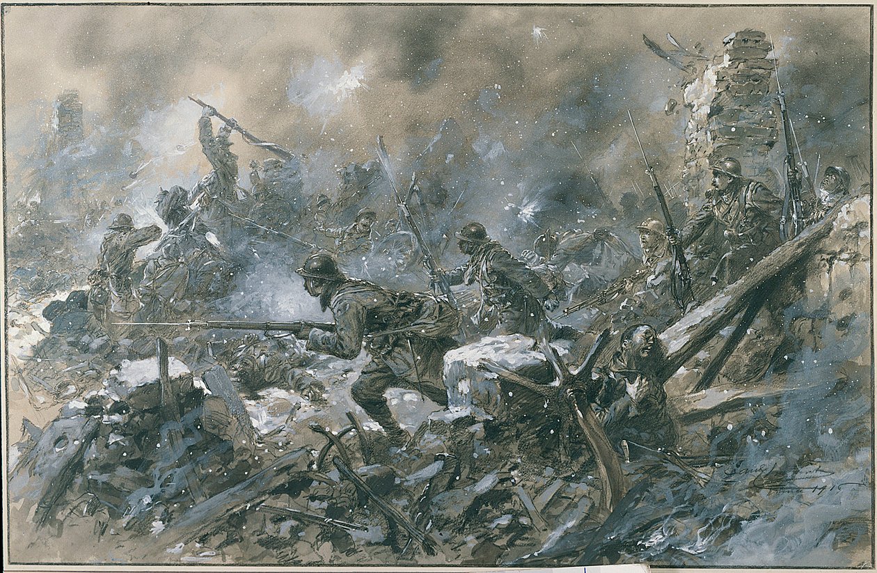 První světová válka (1914-1918): „“ Protiútok ve vesnici Vaux v roce 1916 na frontě Verdun“““ Akvarel Paula Thiriata Paris. Musee, Des deux guerre mondiale DR - francouzský protiútok u vesnice Vaux u Verdunu od Paul Thiriat