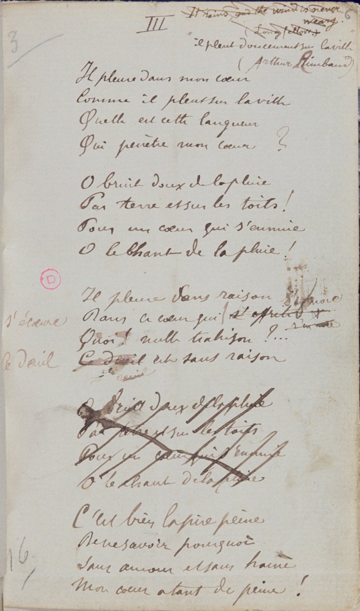 "V mém srdci pláče, jak prší na město...", rukopisná báseň z "Romances Sans Paroles", 1873 (pero a tuš na papíře) od Paul Verlaine