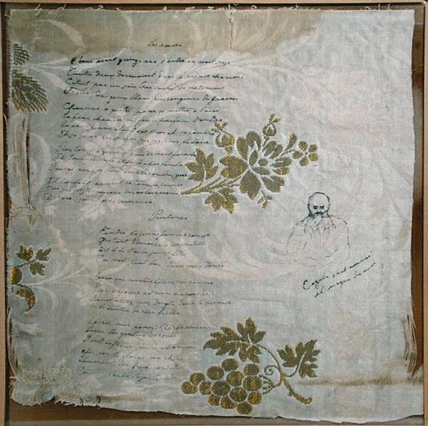 Kus ubrusu, na který Verlaine napsal své básně „Les Amies“ a „Le Printemps“, s portrétem Verlaina od Cazals (pero a inkoust na látce) od Paul Verlaine