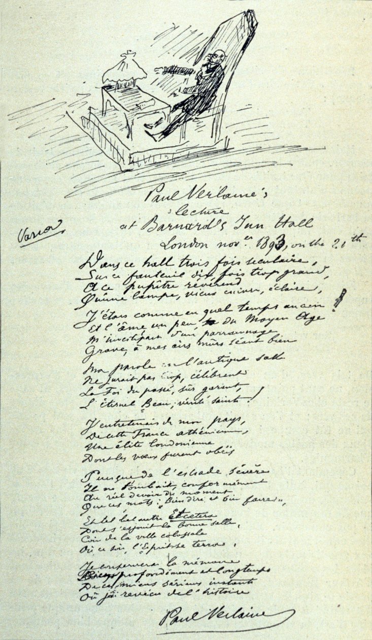 Báseň znak francouzského básníka Paula Verlainea (1844-1896) s náčrtem představitele při čtení. 21. 11. 1893 od Paul Verlaine