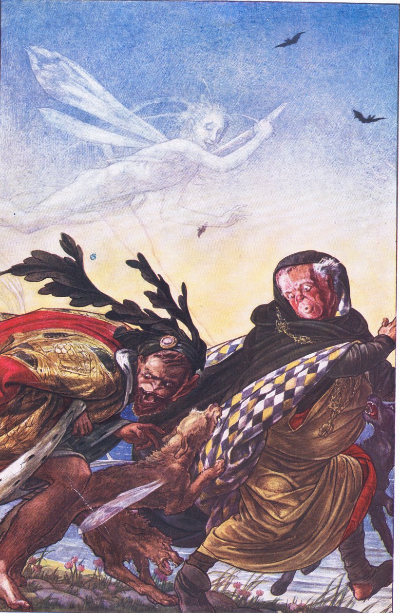 Zuřivost! Zuřivost! Tři, tyrane, tady Harku! Hark!, ilustrace z Bouře, 1908 od Paul Vincent Woodroffe