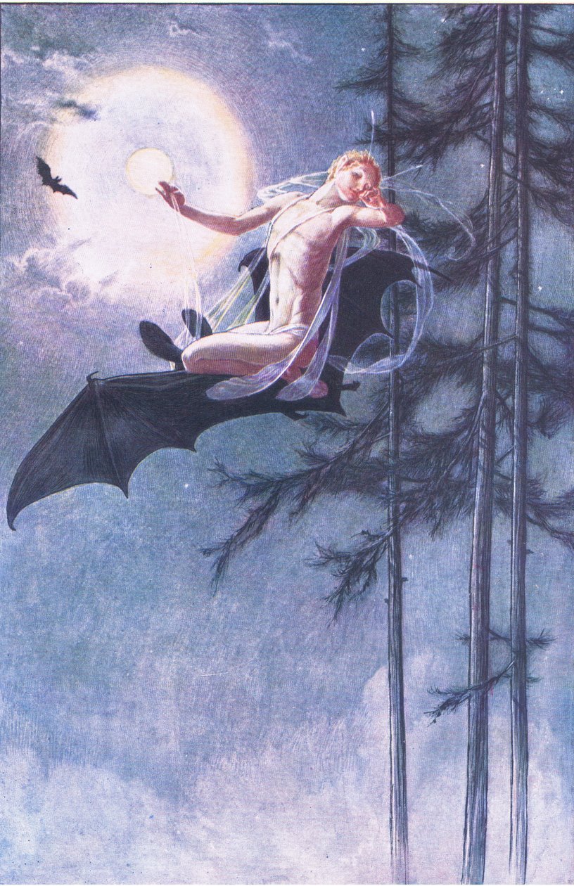 Na hřbetě netopýra létám, ilustrace z Bouře, 1908 od Paul Vincent Woodroffe