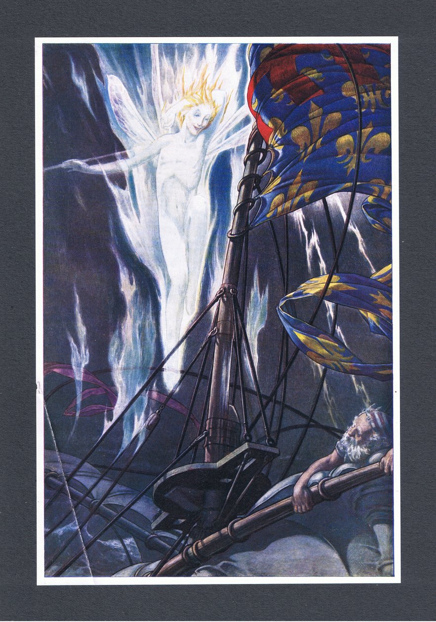 Na nejvyšším, yardy a bowsprit, bych plamen zřetelně, ilustrace zBouře, 1908 od Paul Vincent Woodroffe
