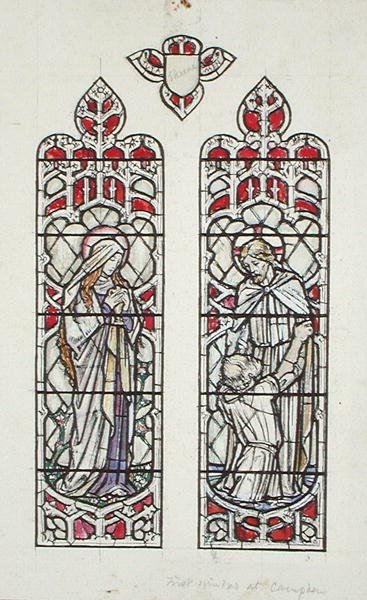 Návrhy oken zobrazující sv. Máří Magdalenu a Krista se svatým Petrem pro farní kostel Claverton od Paul Vincent Woodroffe