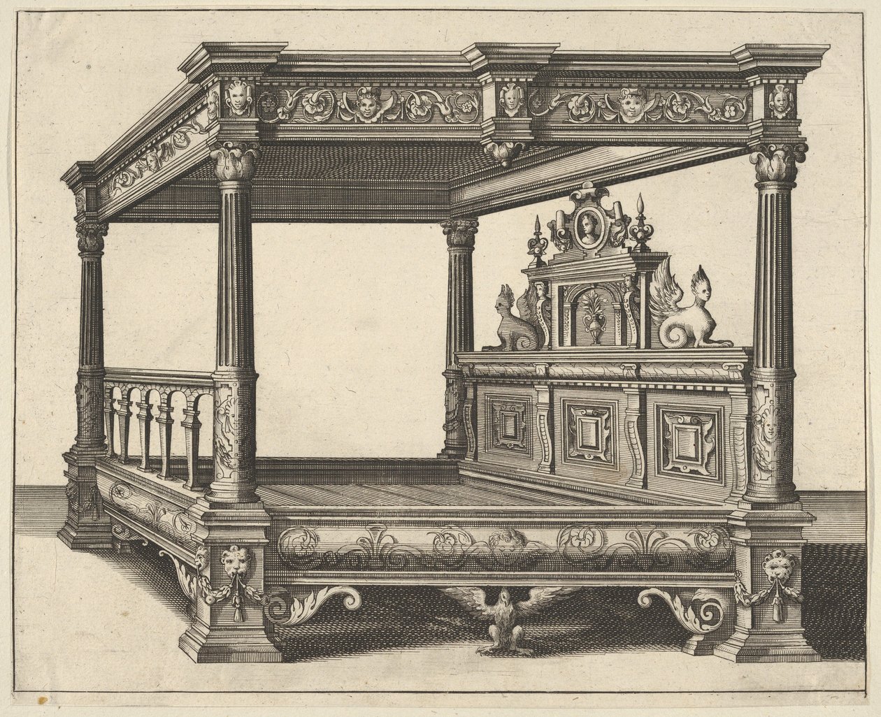 Postel s nebesy z Verscheyden Schrynwerck ... [Několik truhlářství ...], 1658. od Paul Vredeman de Vries