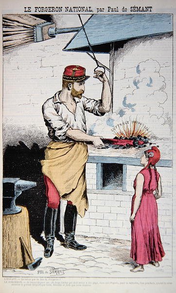Ilustrace z "La Bombe" zobrazující generála Boulangera s Marianne, karikatura k francouzským volbám v roce 1889, 9. června 1889 (barevná litografie) od Paul de Semant