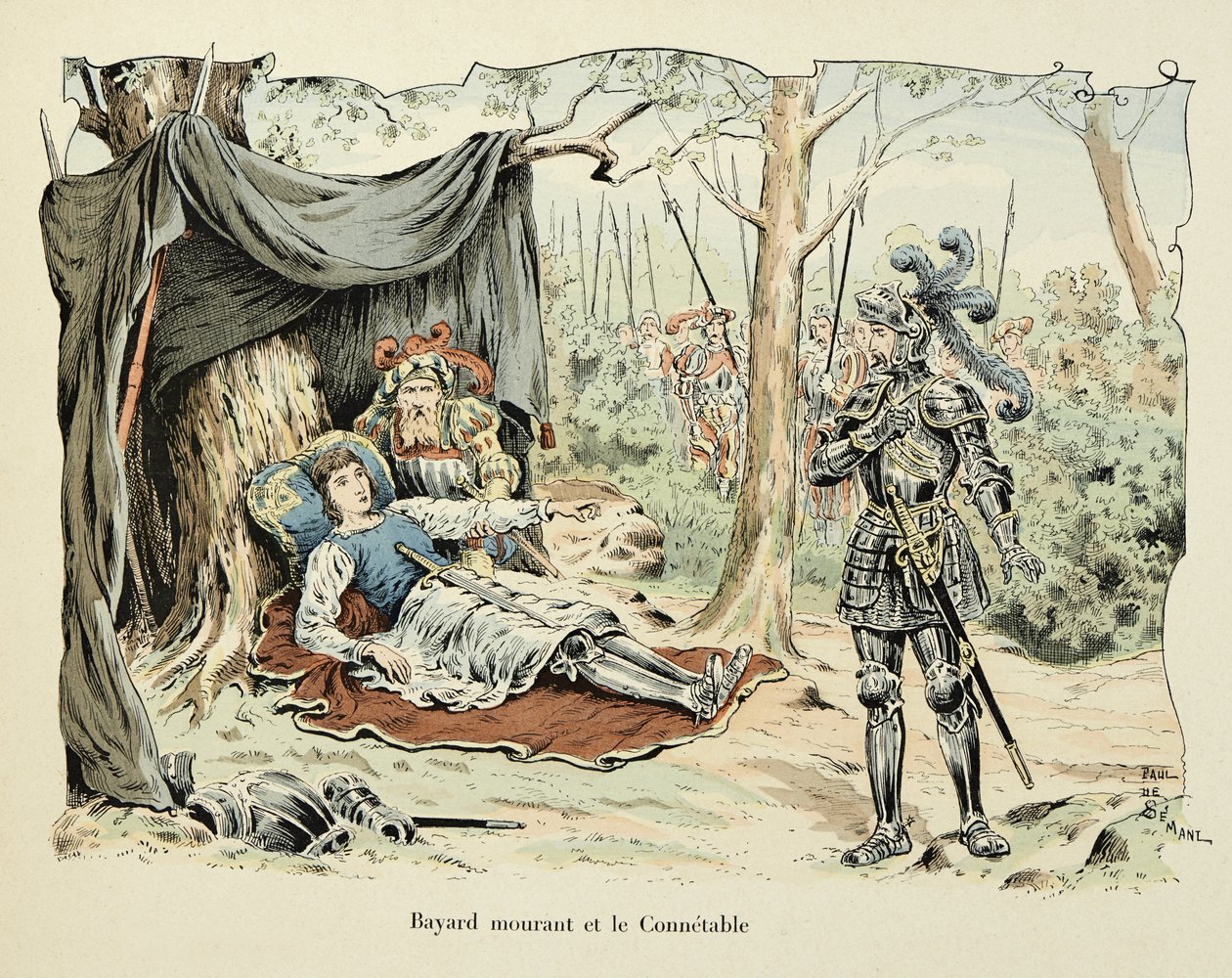 Ilustrace převzatá z knihy „Histoire du chevalier Bayard“ od Theodora Cahu, ilustrovaná Paulem De Semantem (1855-1915): Bayard umírající a Le Constable de Bourbon 1524 od Paul de Semant