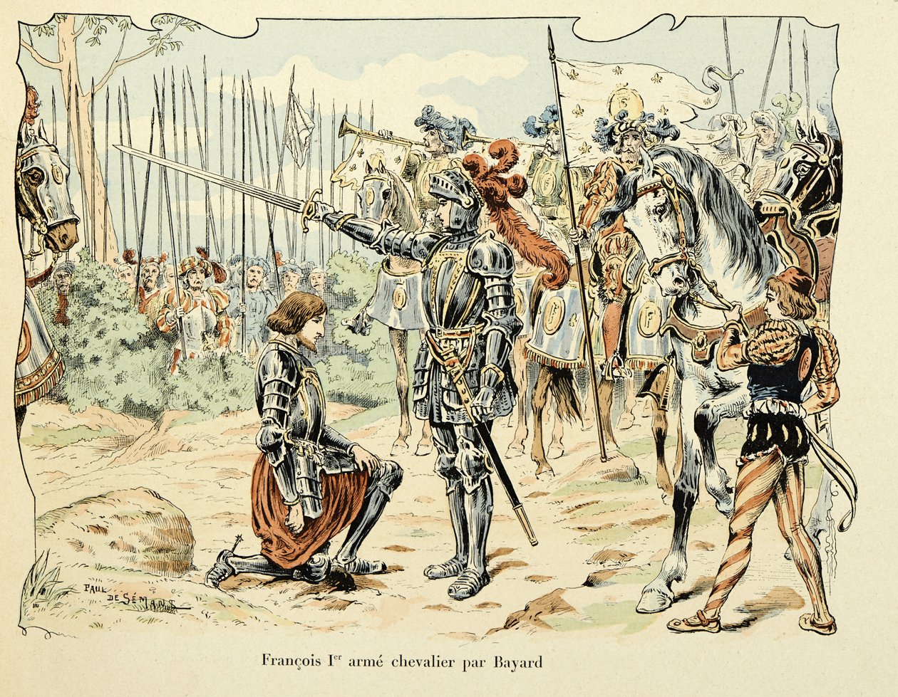 Ilustrace převzatá z knihy „Histoire du chevalier Bayard“ od Theodora Cahu, ilustrovaná Paulem De Semantem (1855-1915): Francois 1, er arme chevalier par Bayard 1515 od Paul de Semant